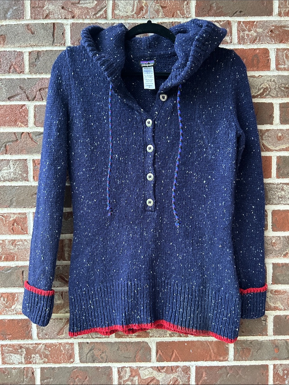 Patagonia Merino Wool Speckled Hooded Button Sweater with Red Trim